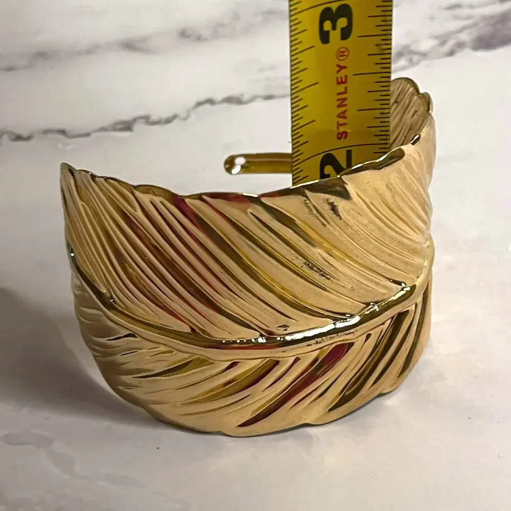 Gold Tone Feather Cuff Bracelet Wide Statement Boho Leaf Open Bangle